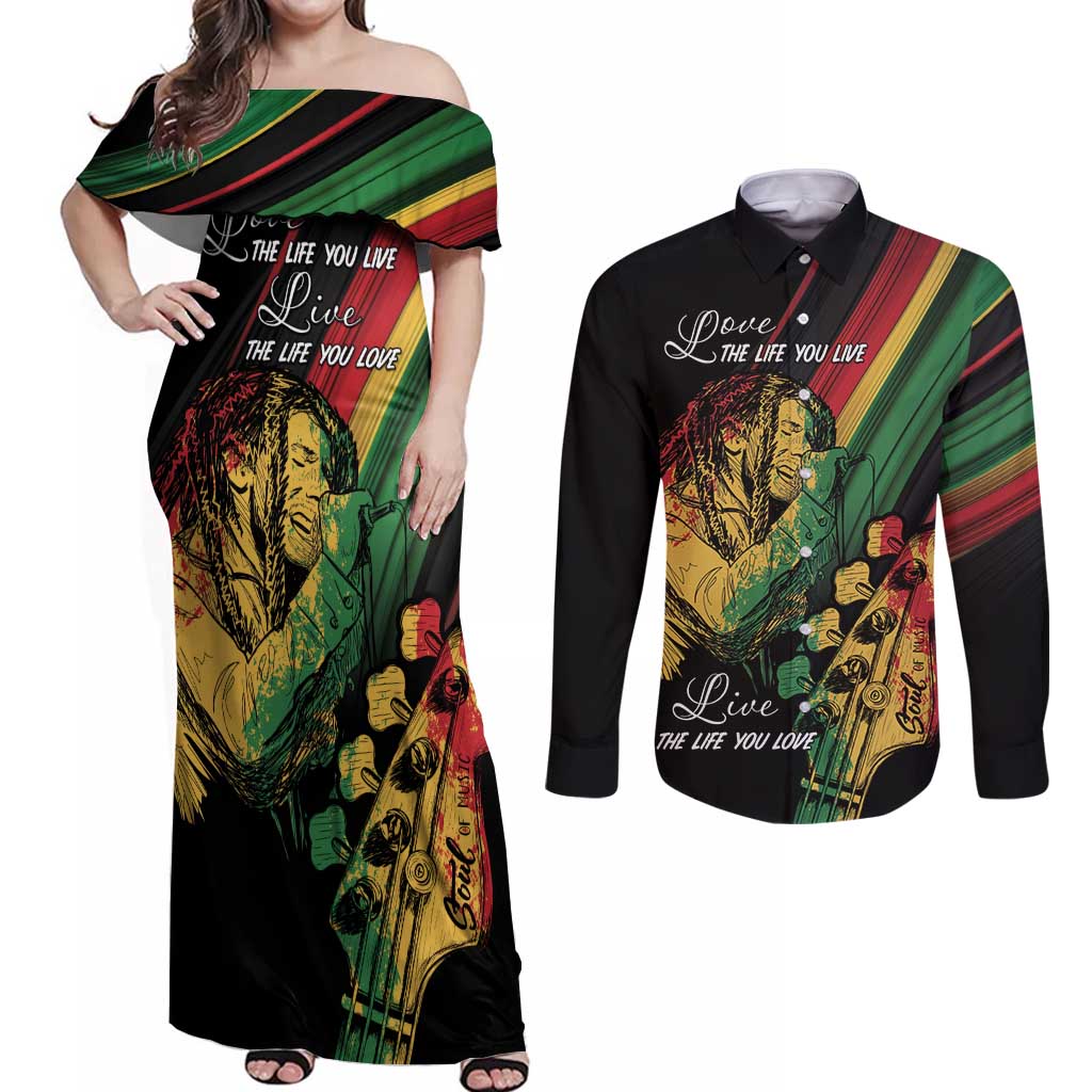 Personalised Reggae Couples Matching Off Shoulder Maxi Dress and Long Sleeve Button Shirt Live The Way You Love LT7 - Wonder Print Shop
