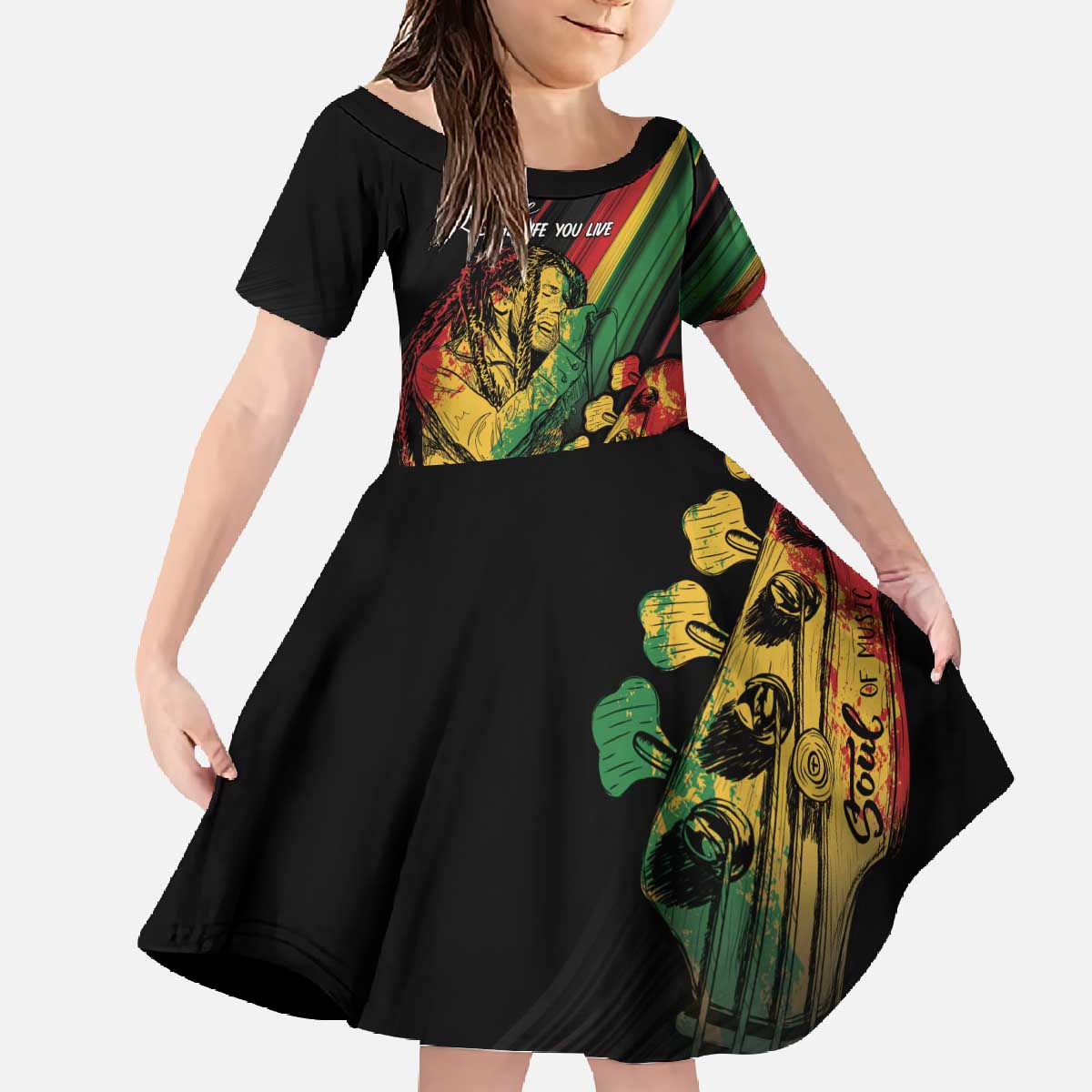 Personalised Reggae Family Matching Off The Shoulder Long Sleeve Dress and Hawaiian Shirt Live The Way You Love - Wonder Print Shop