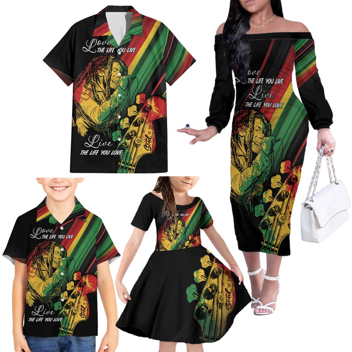 Personalised Reggae Family Matching Off The Shoulder Long Sleeve Dress and Hawaiian Shirt Live The Way You Love - Wonder Print Shop