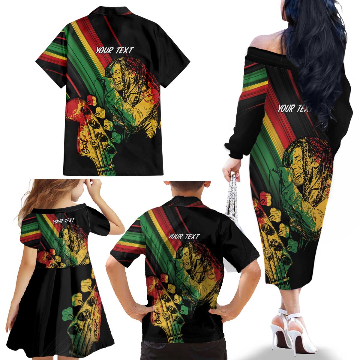 Personalised Reggae Family Matching Off The Shoulder Long Sleeve Dress and Hawaiian Shirt Live The Way You Love - Wonder Print Shop
