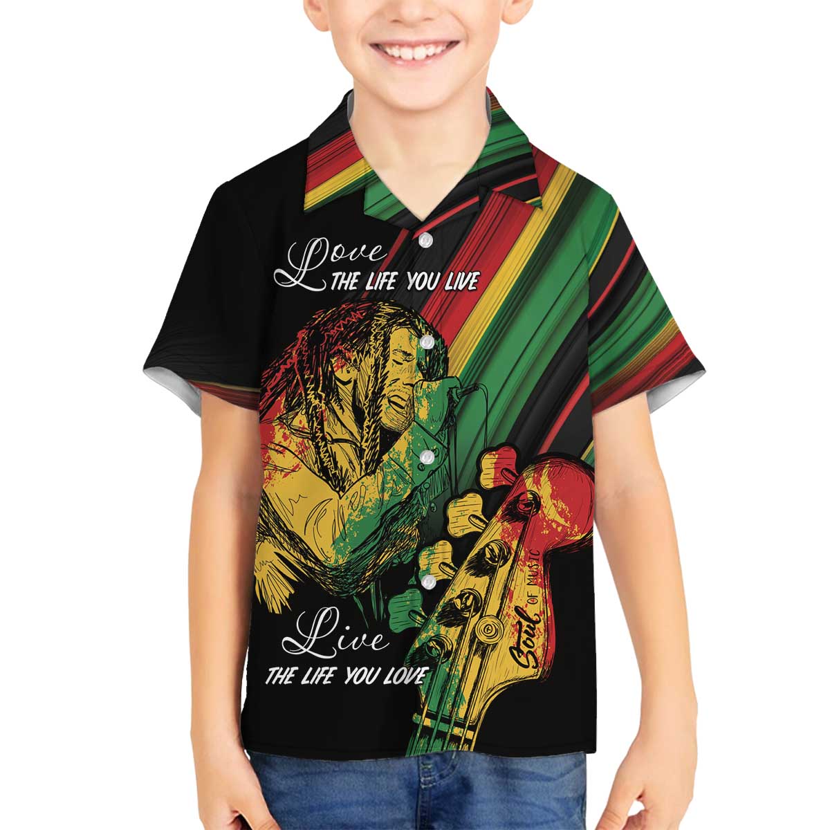 Personalised Reggae Family Matching Off The Shoulder Long Sleeve Dress and Hawaiian Shirt Live The Way You Love - Wonder Print Shop
