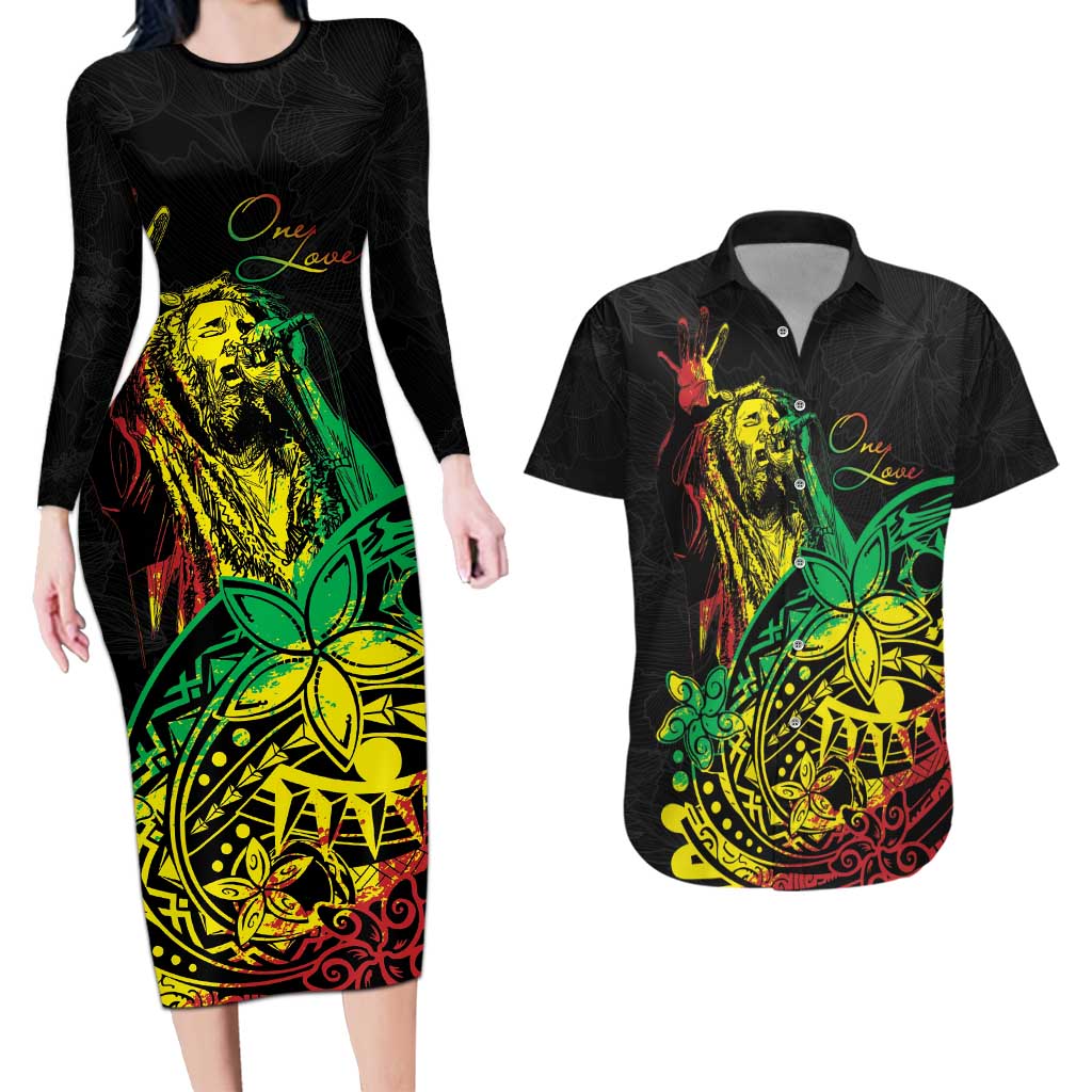 Personalised Reggae Jawaiian Festive Couples Matching Long Sleeve Bodycon Dress and Hawaiian Shirt Mix Polynesian LT7 - Wonder Print Shop