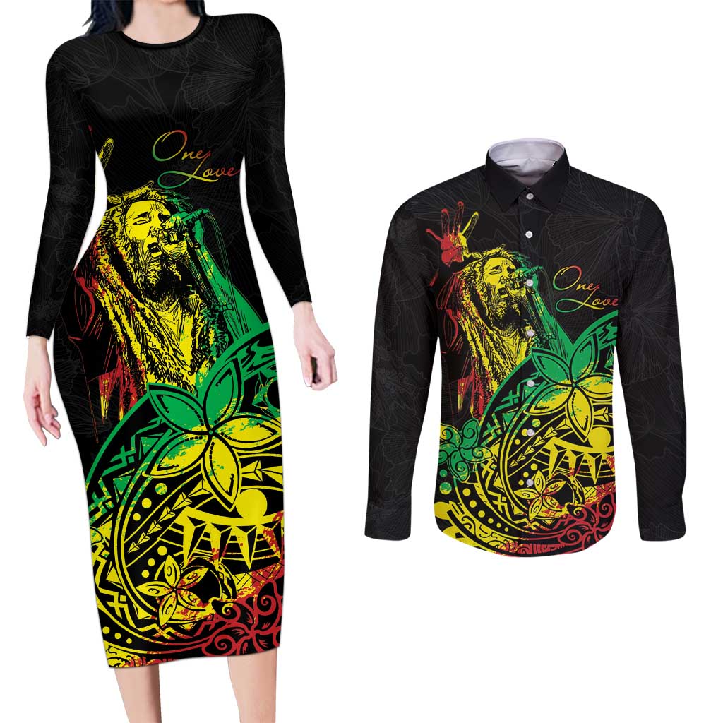 Personalised Reggae Jawaiian Festive Couples Matching Long Sleeve Bodycon Dress and Long Sleeve Button Shirt Mix Polynesian LT7 - Wonder Print Shop