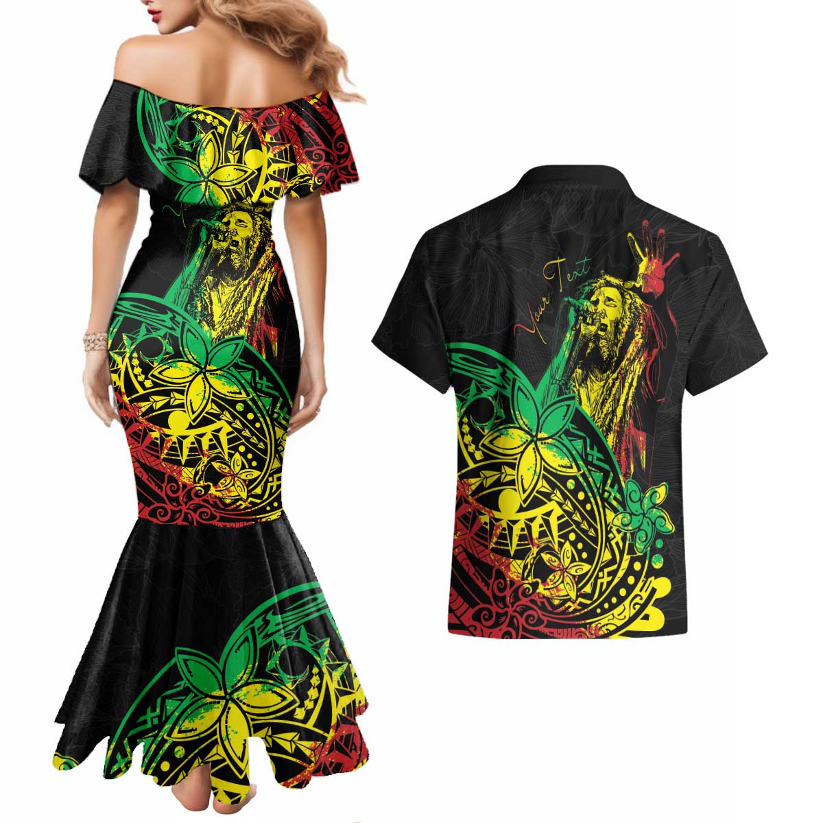 Personalised Reggae Jawaiian Festive Couples Matching Mermaid Dress and Hawaiian Shirt Mix Polynesian LT7 - Wonder Print Shop