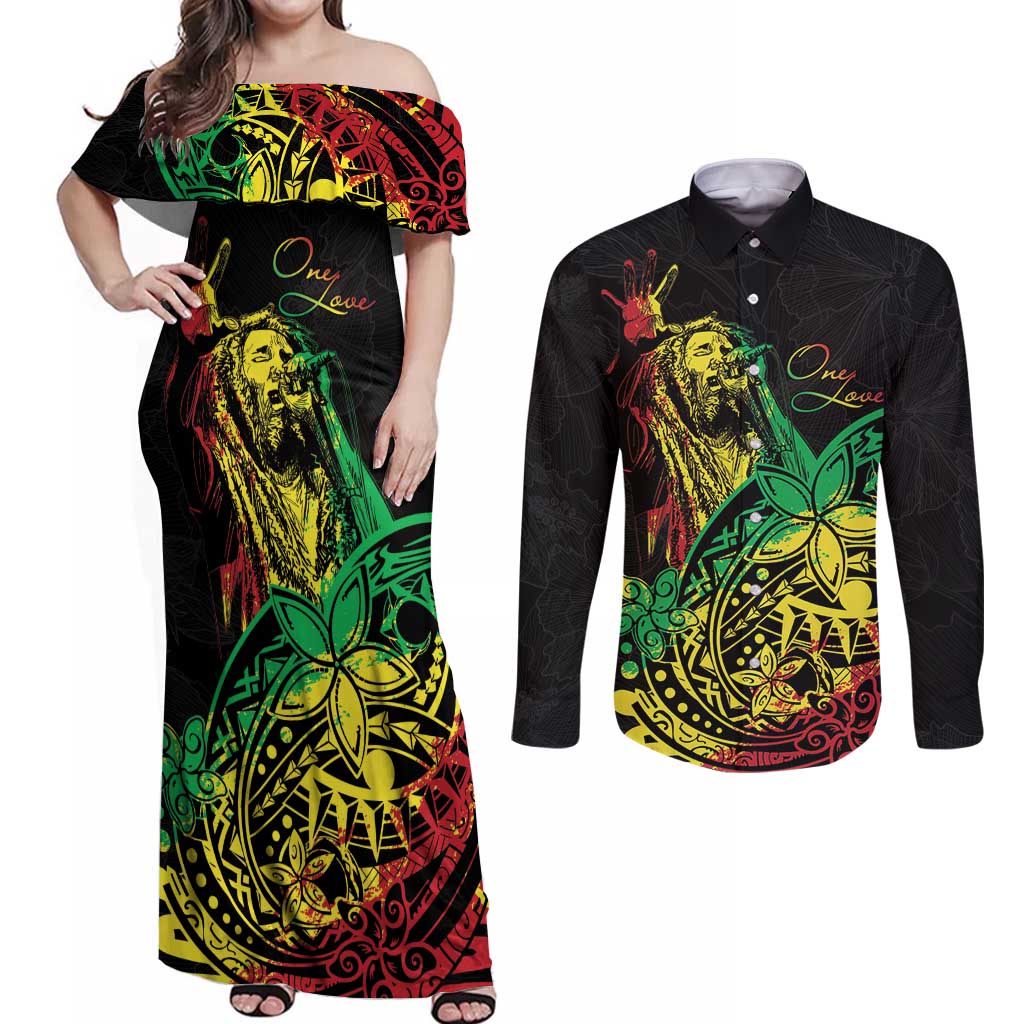 Personalised Reggae Jawaiian Festive Couples Matching Off Shoulder Maxi Dress and Long Sleeve Button Shirt Mix Polynesian LT7 - Wonder Print Shop