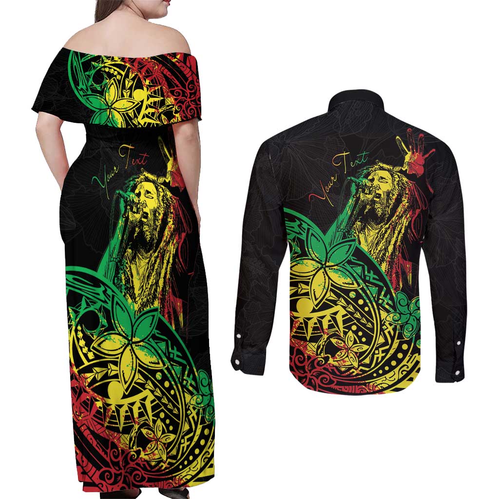 Personalised Reggae Jawaiian Festive Couples Matching Off Shoulder Maxi Dress and Long Sleeve Button Shirt Mix Polynesian LT7 - Wonder Print Shop