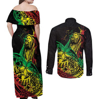 Personalised Reggae Jawaiian Festive Couples Matching Off Shoulder Maxi Dress and Long Sleeve Button Shirt Mix Polynesian LT7 - Wonder Print Shop