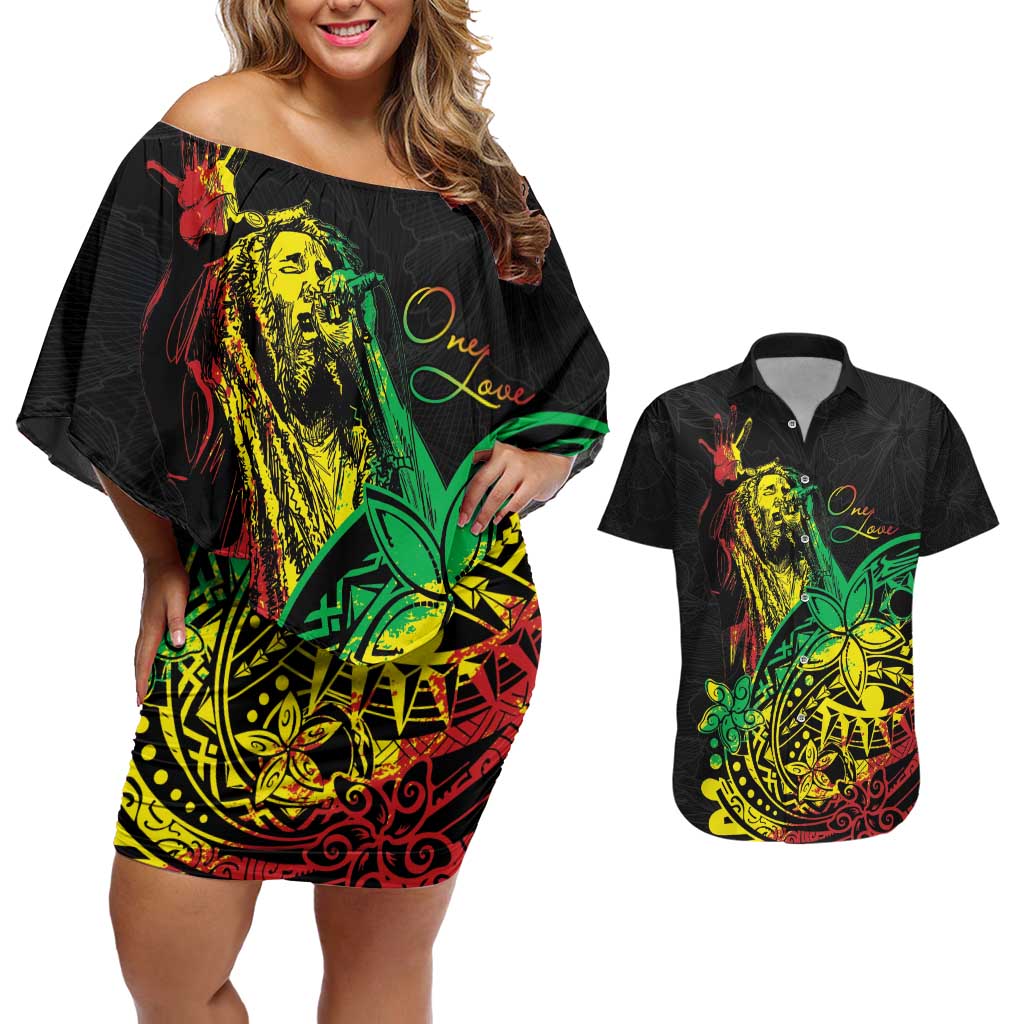 Personalised Reggae Jawaiian Festive Couples Matching Off Shoulder Short Dress and Hawaiian Shirt Mix Polynesian LT7 - Wonder Print Shop