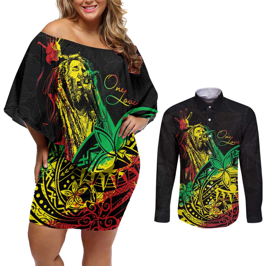 Personalised Reggae Jawaiian Festive Couples Matching Off Shoulder Short Dress and Long Sleeve Button Shirt Mix Polynesian LT7 - Wonder Print Shop