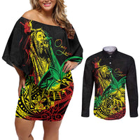 Personalised Reggae Jawaiian Festive Couples Matching Off Shoulder Short Dress and Long Sleeve Button Shirt Mix Polynesian LT7 - Wonder Print Shop