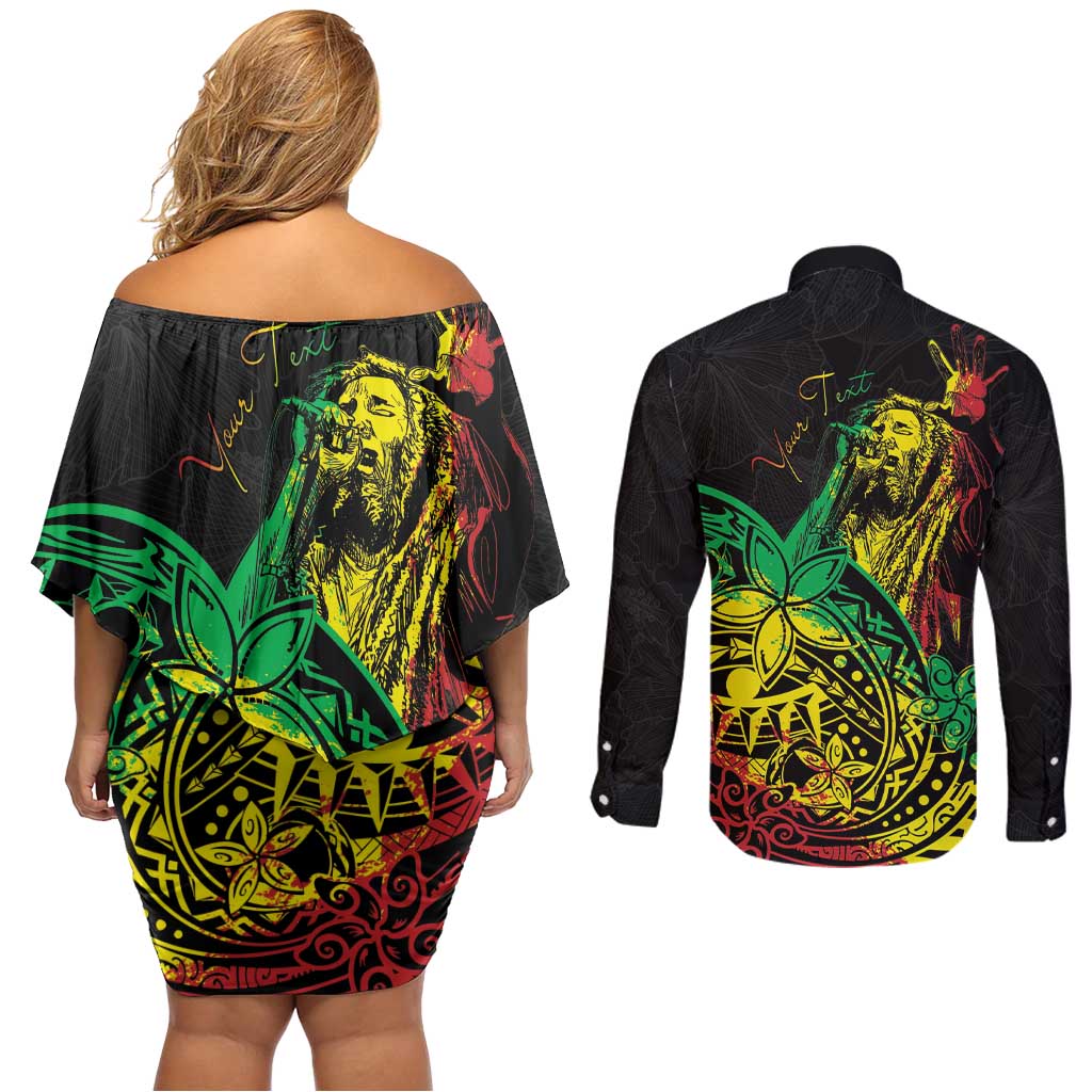 Personalised Reggae Jawaiian Festive Couples Matching Off Shoulder Short Dress and Long Sleeve Button Shirt Mix Polynesian LT7 - Wonder Print Shop