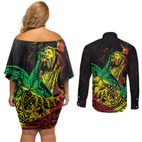 Personalised Reggae Jawaiian Festive Couples Matching Off Shoulder Short Dress and Long Sleeve Button Shirt Mix Polynesian LT7 - Wonder Print Shop