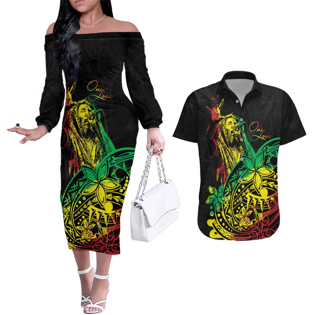 Personalised Reggae Jawaiian Festive Couples Matching Off The Shoulder Long Sleeve Dress and Hawaiian Shirt Mix Polynesian LT7 - Wonder Print Shop
