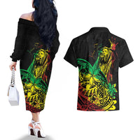 Personalised Reggae Jawaiian Festive Couples Matching Off The Shoulder Long Sleeve Dress and Hawaiian Shirt Mix Polynesian LT7 - Wonder Print Shop