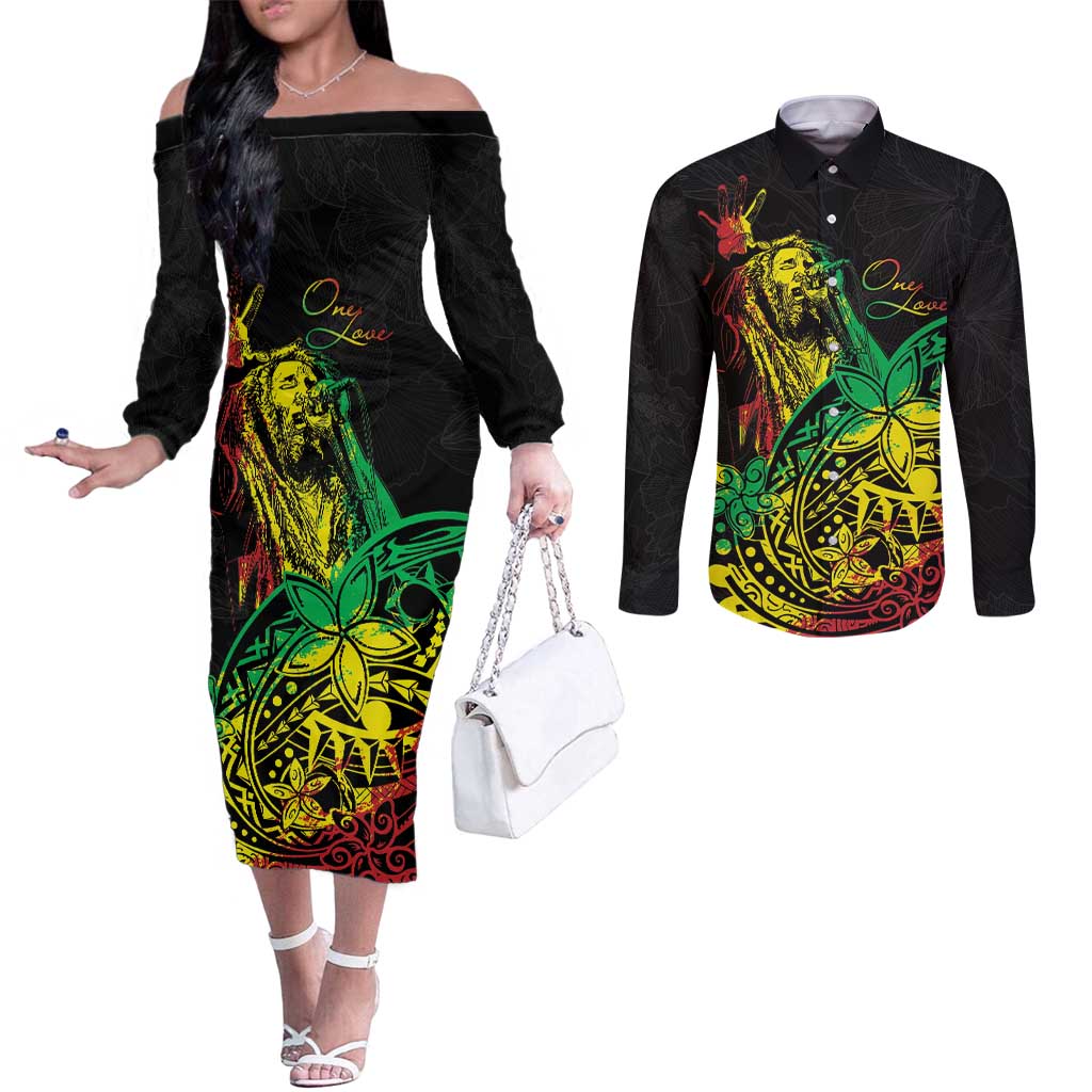 Personalised Reggae Jawaiian Festive Couples Matching Off The Shoulder Long Sleeve Dress and Long Sleeve Button Shirt Mix Polynesian
