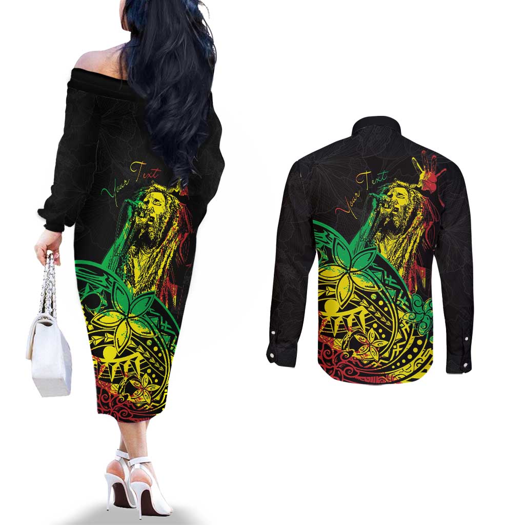 Personalised Reggae Jawaiian Festive Couples Matching Off The Shoulder Long Sleeve Dress and Long Sleeve Button Shirt Mix Polynesian