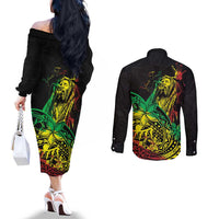 Personalised Reggae Jawaiian Festive Couples Matching Off The Shoulder Long Sleeve Dress and Long Sleeve Button Shirt Mix Polynesian