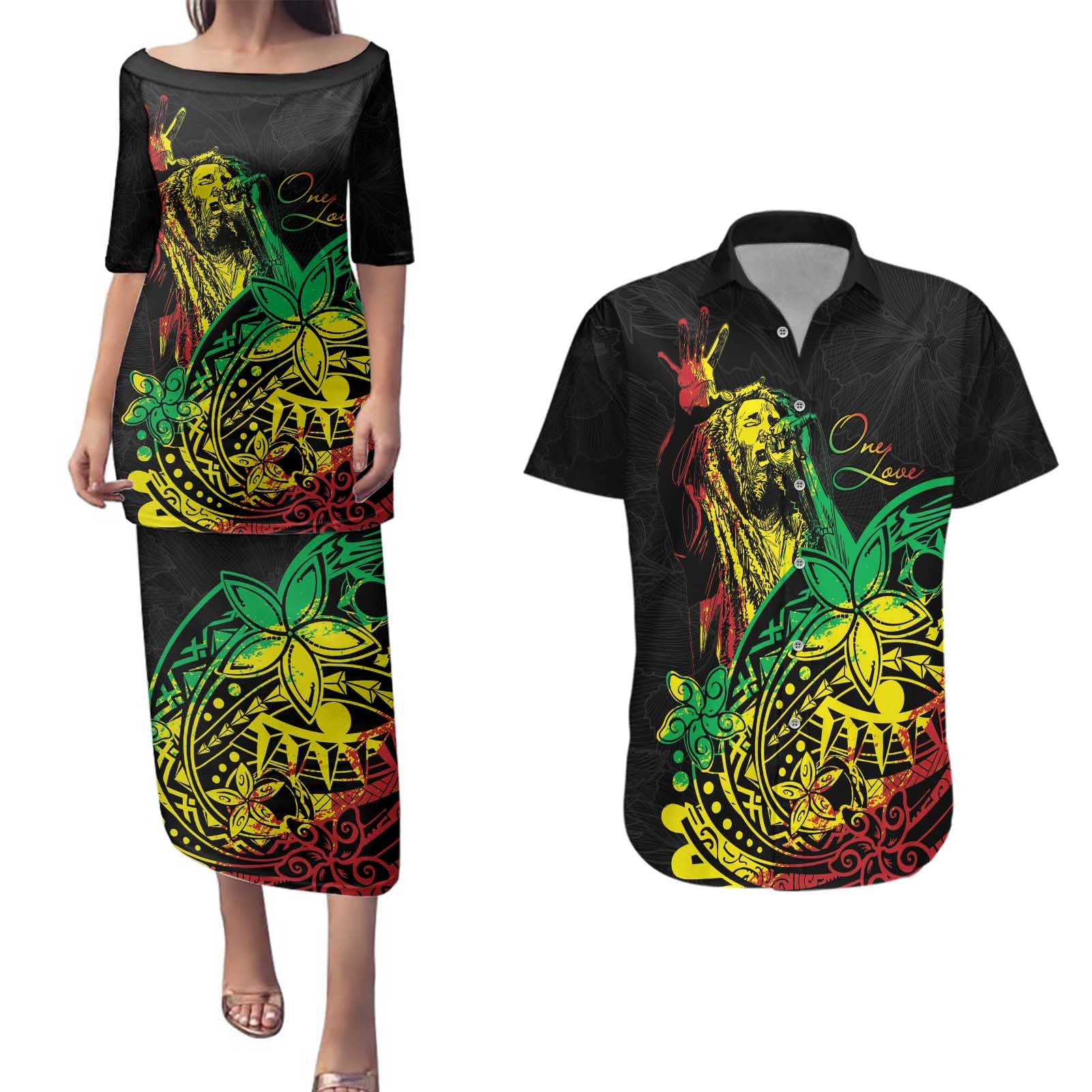 Personalised Reggae Jawaiian Festive Couples Matching Puletasi and Hawaiian Shirt Mix Polynesian LT7 - Wonder Print Shop