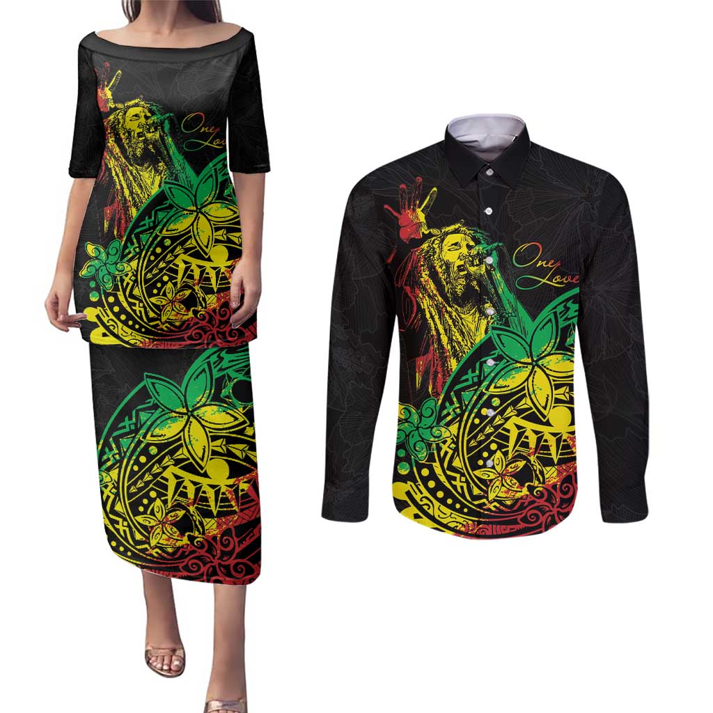 Personalised Reggae Jawaiian Festive Couples Matching Puletasi and Long Sleeve Button Shirt Mix Polynesian LT7 - Wonder Print Shop