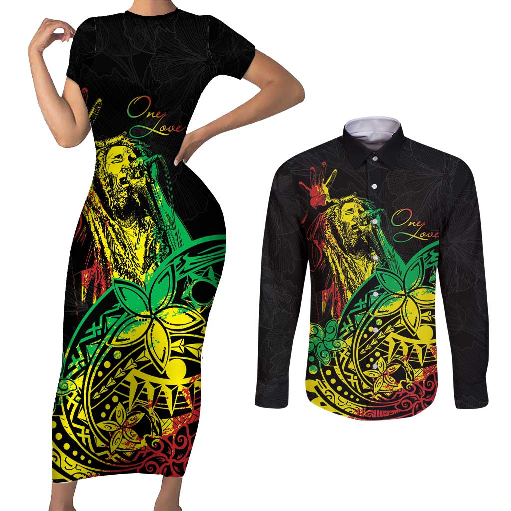 Personalised Reggae Jawaiian Festive Couples Matching Short Sleeve Bodycon Dress and Long Sleeve Button Shirt Mix Polynesian LT7 - Wonder Print Shop