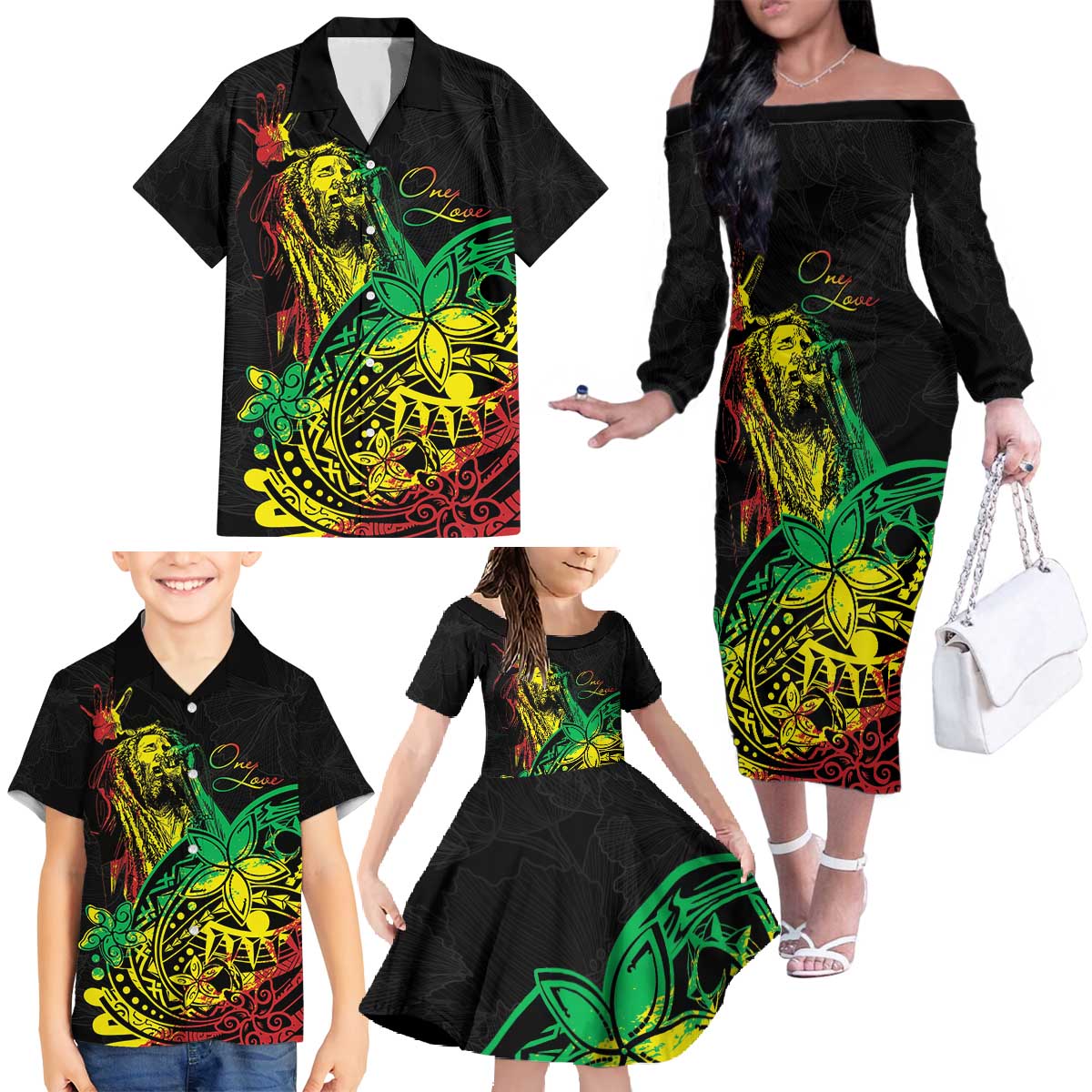 Personalised Reggae Jawaiian Festive Family Matching Off The Shoulder Long Sleeve Dress and Hawaiian Shirt Mix Polynesian - Wonder Print Shop