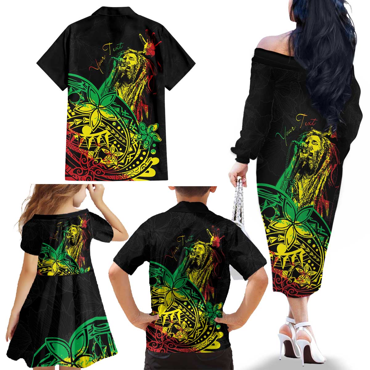 Personalised Reggae Jawaiian Festive Family Matching Off The Shoulder Long Sleeve Dress and Hawaiian Shirt Mix Polynesian - Wonder Print Shop
