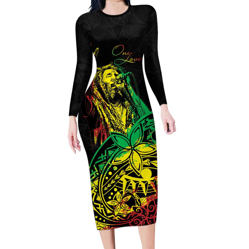 Personalised Reggae Jawaiian Festive Long Sleeve Bodycon Dress Mix Polynesian - Wonder Print Shop
