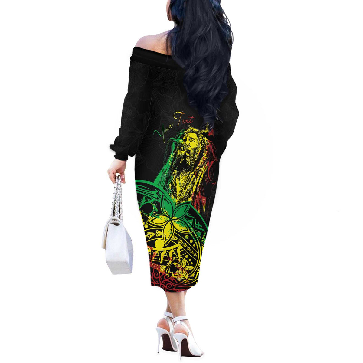 Personalised Reggae Jawaiian Festive Off The Shoulder Long Sleeve Dress Mix Polynesian - Wonder Print Shop
