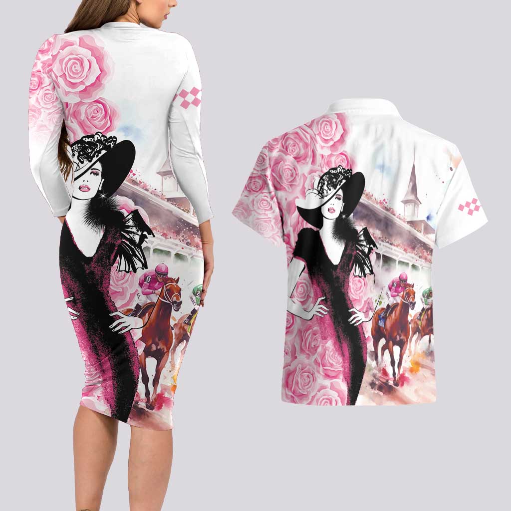 Kentucky Horse Racing Couples Matching Long Sleeve Bodycon Dress and Hawaiian Shirt Derby Day - Pink Out Party