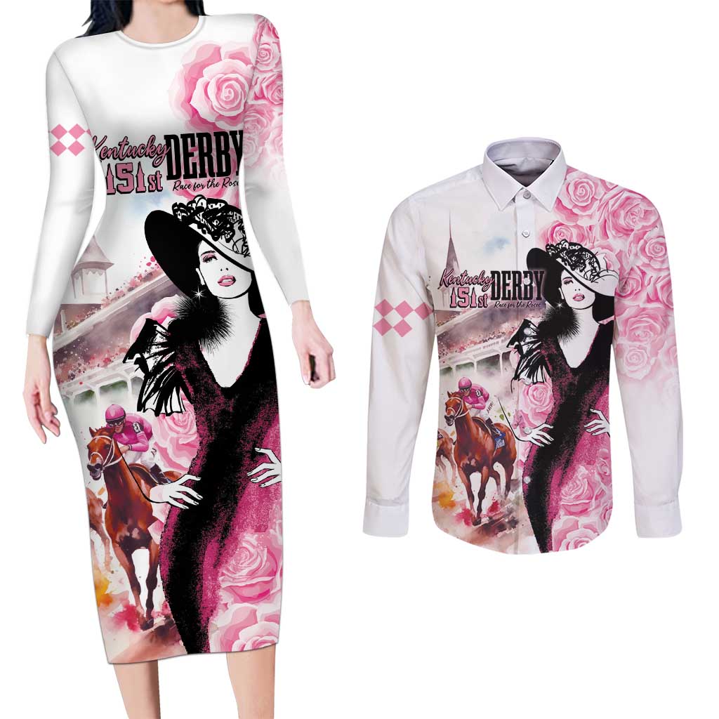 Kentucky Horse Racing Couples Matching Long Sleeve Bodycon Dress and Long Sleeve Button Shirt Derby Day - Pink Out Party