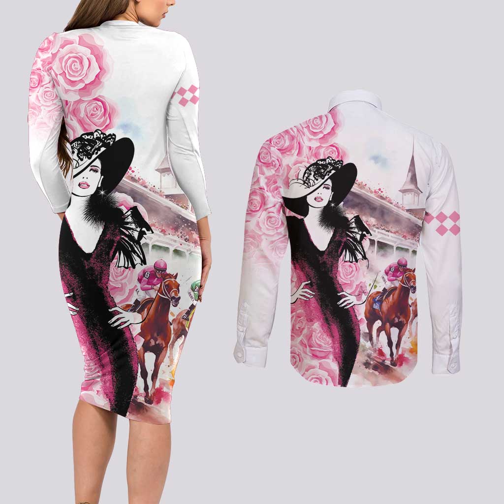 Kentucky Horse Racing Couples Matching Long Sleeve Bodycon Dress and Long Sleeve Button Shirt Derby Day - Pink Out Party