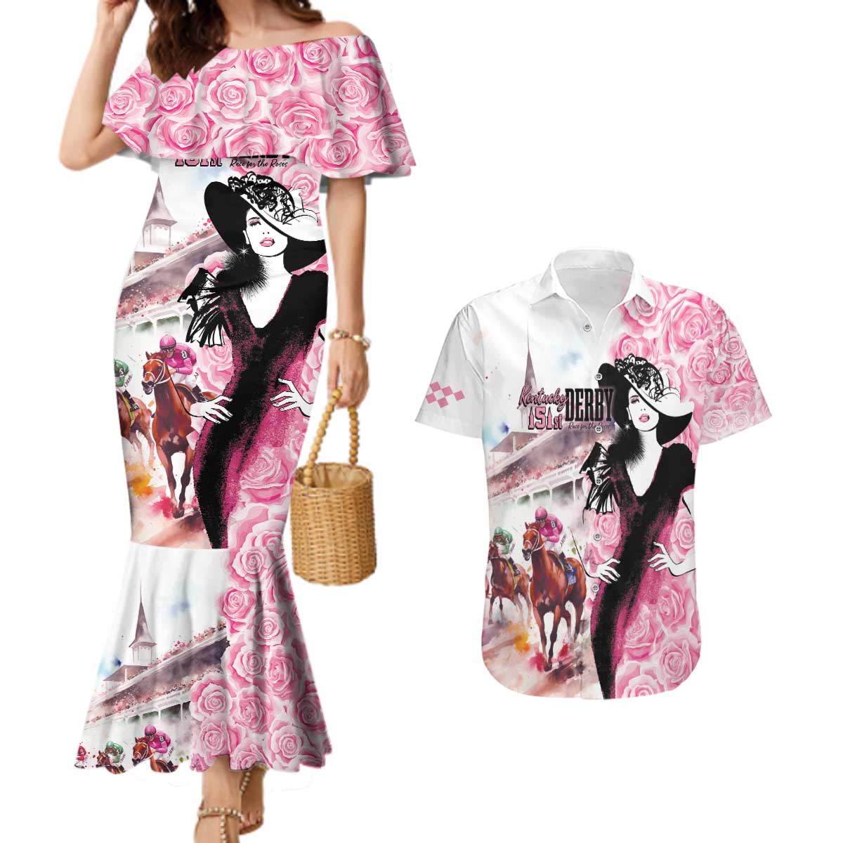 Kentucky Horse Racing Couples Matching Mermaid Dress and Hawaiian Shirt Derby Day - Pink Out Party