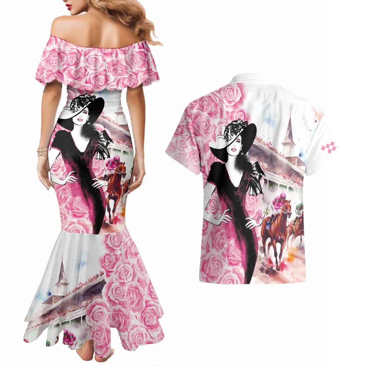 Kentucky Horse Racing Couples Matching Mermaid Dress and Hawaiian Shirt Derby Day - Pink Out Party