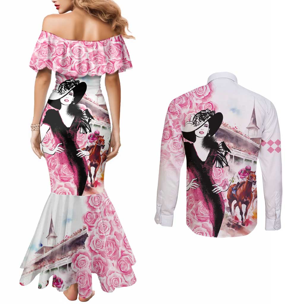 Kentucky Horse Racing Couples Matching Mermaid Dress and Long Sleeve Button Shirt Derby Day - Pink Out Party