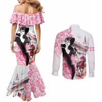 Kentucky Horse Racing Couples Matching Mermaid Dress and Long Sleeve Button Shirt Derby Day - Pink Out Party
