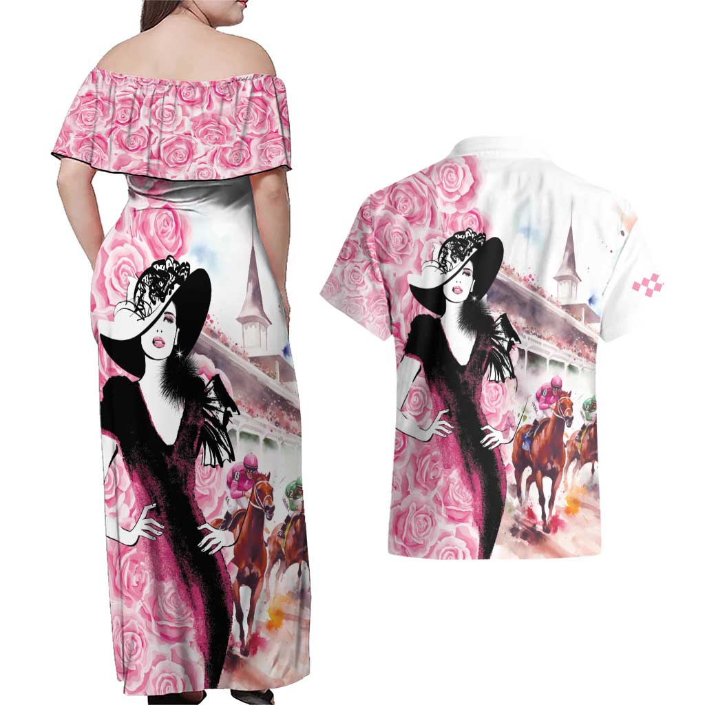 Kentucky Horse Racing Couples Matching Off Shoulder Maxi Dress and Hawaiian Shirt Derby Day - Pink Out Party