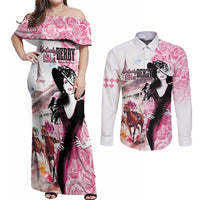 Kentucky Horse Racing Couples Matching Off Shoulder Maxi Dress and Long Sleeve Button Shirt Derby Day - Pink Out Party