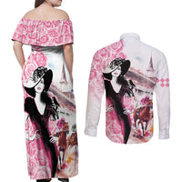 Kentucky Horse Racing Couples Matching Off Shoulder Maxi Dress and Long Sleeve Button Shirt Derby Day - Pink Out Party