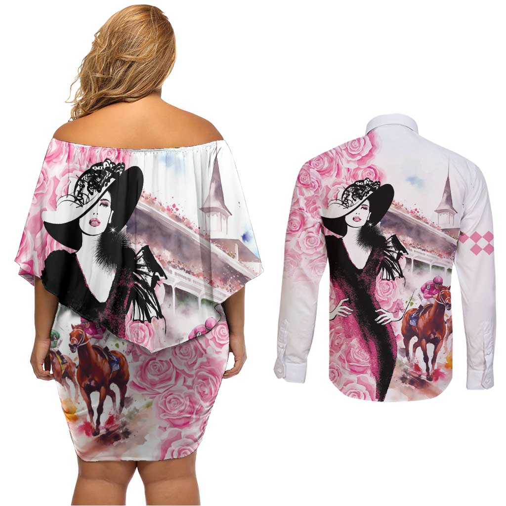 Kentucky Horse Racing Couples Matching Off Shoulder Short Dress and Long Sleeve Button Shirt Derby Day - Pink Out Party