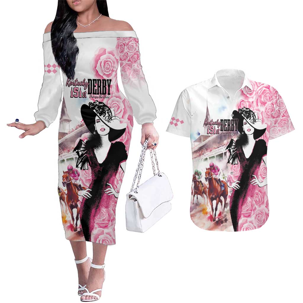 Kentucky Horse Racing Couples Matching Off The Shoulder Long Sleeve Dress and Hawaiian Shirt Derby Day - Pink Out Party