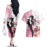 Kentucky Horse Racing Couples Matching Off The Shoulder Long Sleeve Dress and Hawaiian Shirt Derby Day - Pink Out Party