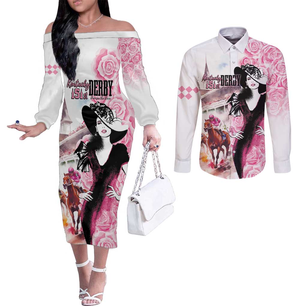 Kentucky Horse Racing Couples Matching Off The Shoulder Long Sleeve Dress and Long Sleeve Button Shirt Derby Day - Pink Out Party