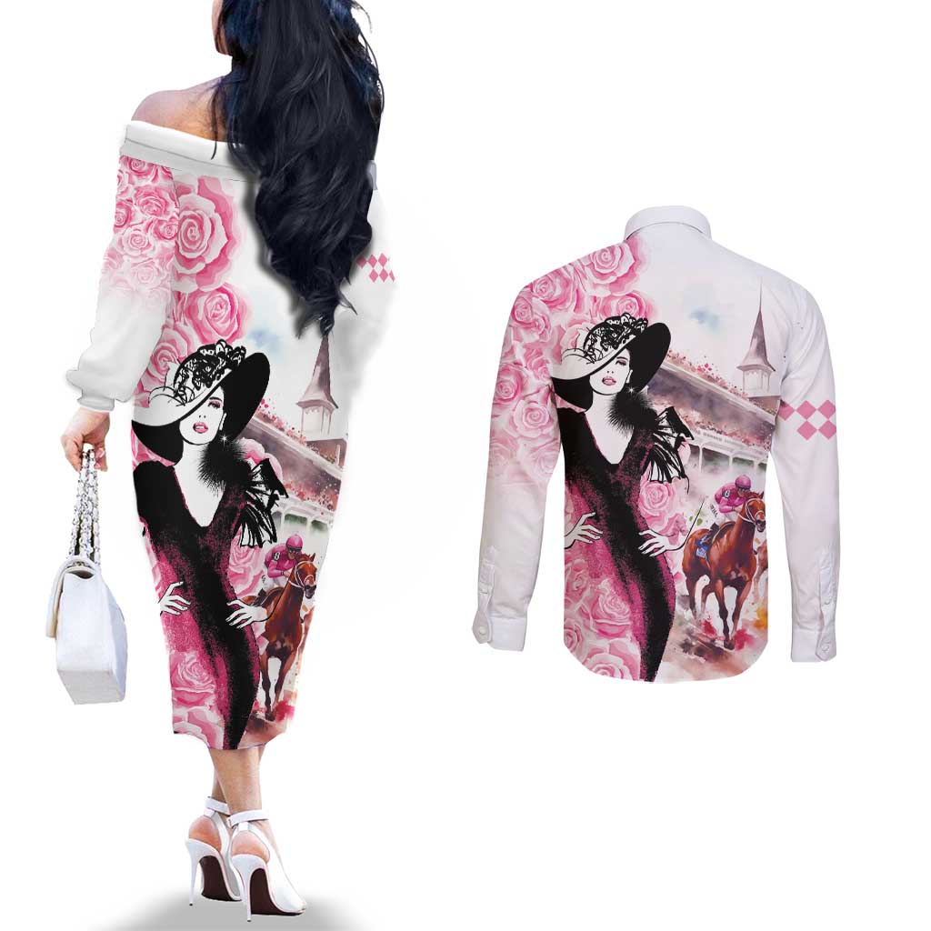 Kentucky Horse Racing Couples Matching Off The Shoulder Long Sleeve Dress and Long Sleeve Button Shirt Derby Day - Pink Out Party