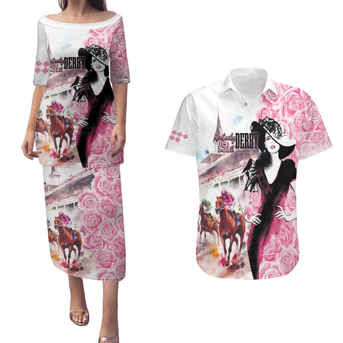 Kentucky Horse Racing Couples Matching Puletasi and Hawaiian Shirt Derby Day - Pink Out Party