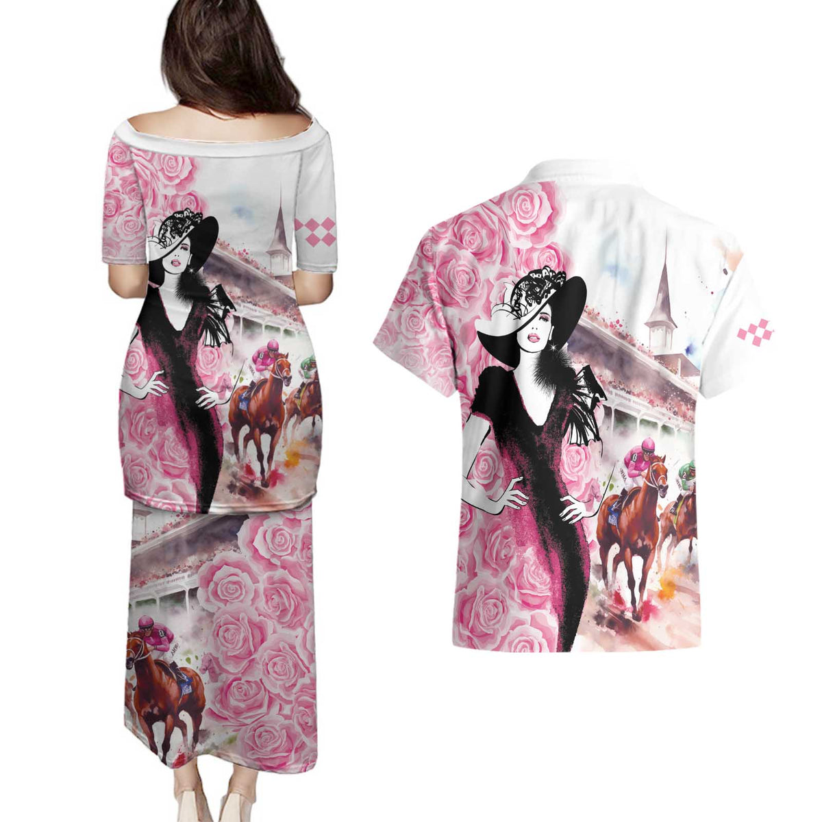 Kentucky Horse Racing Couples Matching Puletasi and Hawaiian Shirt Derby Day - Pink Out Party