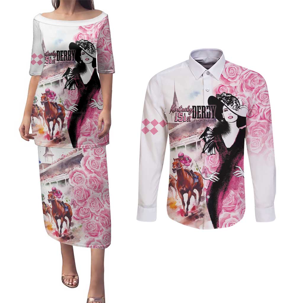 Kentucky Horse Racing Couples Matching Puletasi and Long Sleeve Button Shirt Derby Day - Pink Out Party