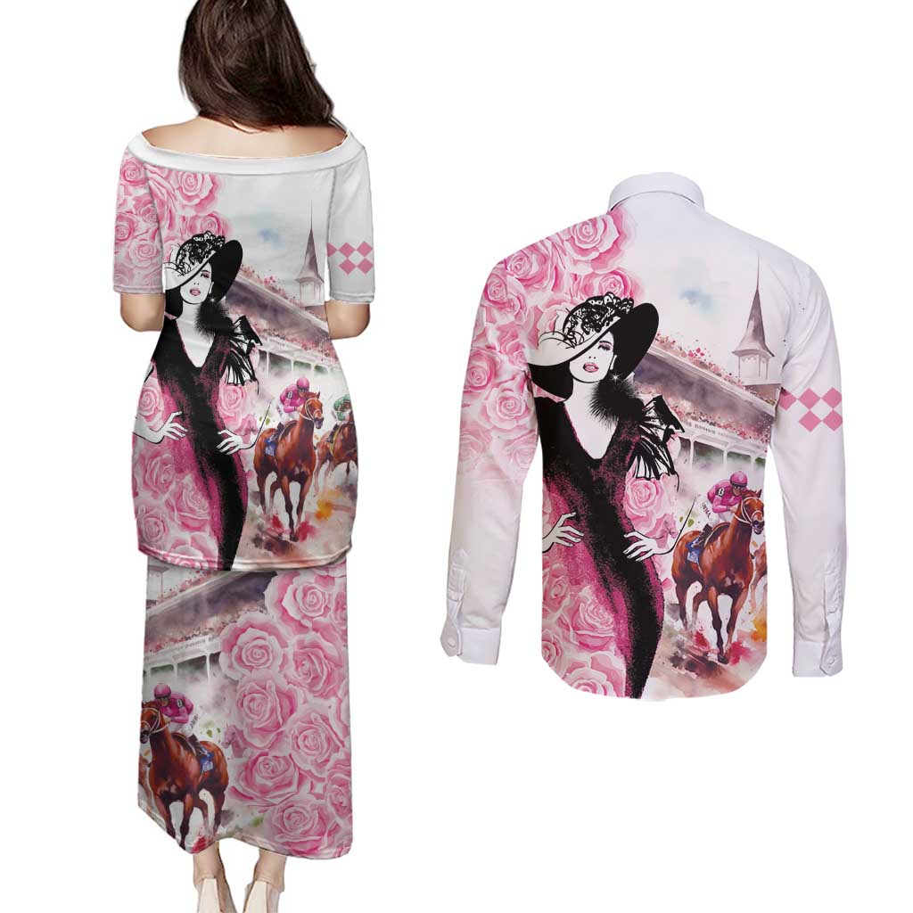 Kentucky Horse Racing Couples Matching Puletasi and Long Sleeve Button Shirt Derby Day - Pink Out Party