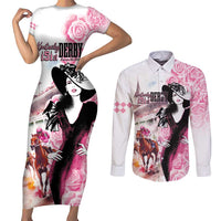 Kentucky Horse Racing Couples Matching Short Sleeve Bodycon Dress and Long Sleeve Button Shirt Derby Day - Pink Out Party