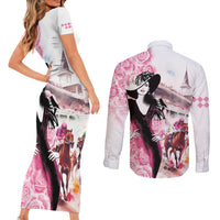 Kentucky Horse Racing Couples Matching Short Sleeve Bodycon Dress and Long Sleeve Button Shirt Derby Day - Pink Out Party