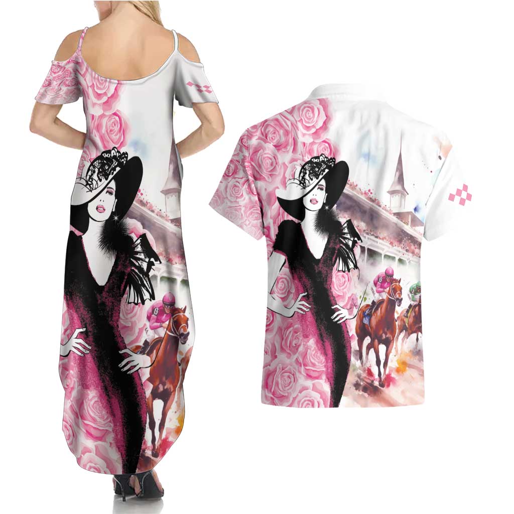 Kentucky Horse Racing Couples Matching Summer Maxi Dress and Hawaiian Shirt Derby Day - Pink Out Party